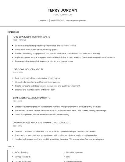 Food Supervisor Resume