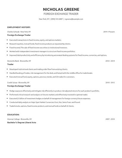 Foreign Exchange Trader Resume