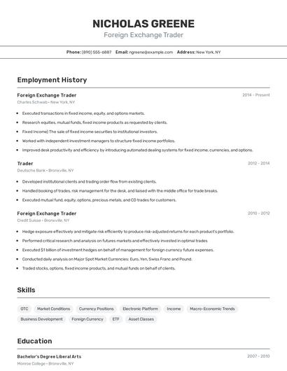 Foreign Exchange Trader Resume