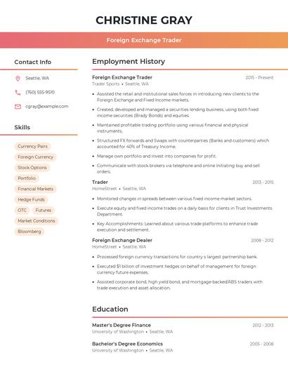 Foreign Exchange Trader Resume