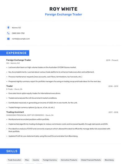 Foreign Exchange Trader Resume