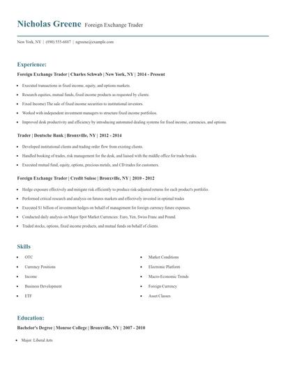 Foreign Exchange Trader Resume