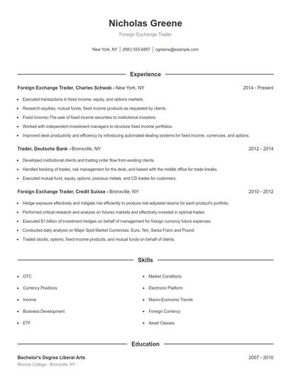 Foreign Exchange Trader Resume