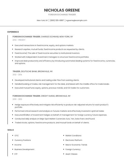 Foreign Exchange Trader Resume