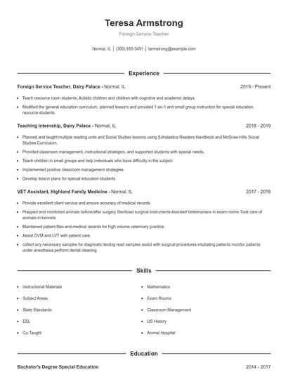 Foreign Service Teacher Resume