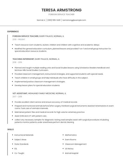 Foreign Service Teacher Resume