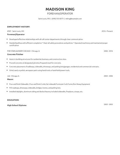 Foreman/Operator Resume