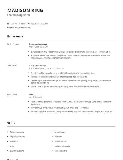 Foreman/Operator Resume