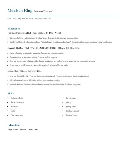 Foreman/Operator Resume