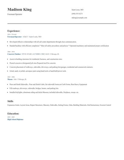 Foreman/Operator Resume