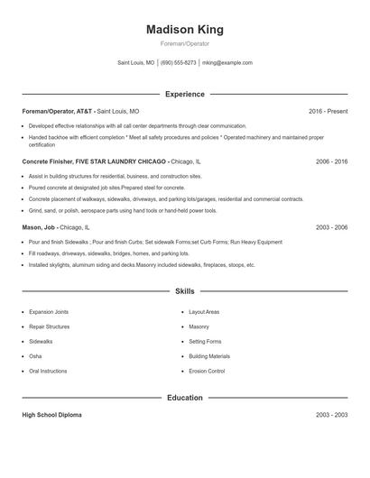 Foreman/Operator Resume