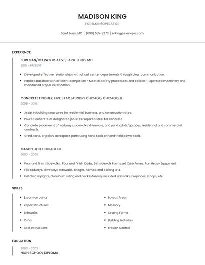 Foreman/Operator Resume