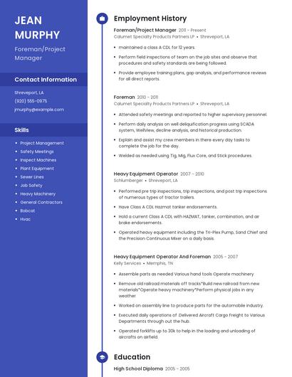 Foreman/Project Manager Resume