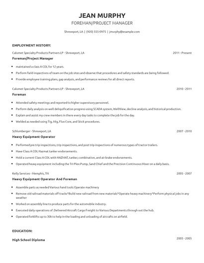 Foreman/Project Manager Resume