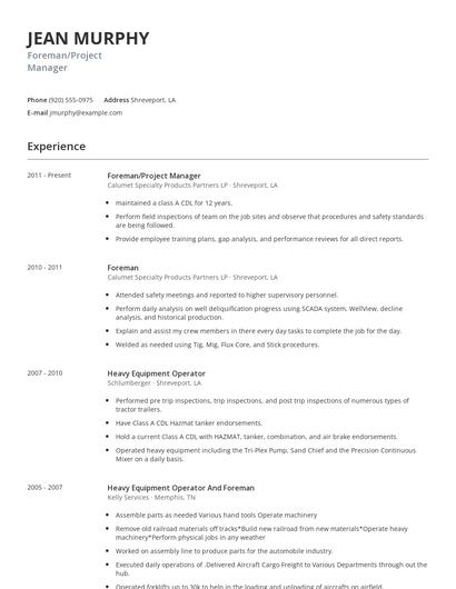 Foreman/Project Manager Resume