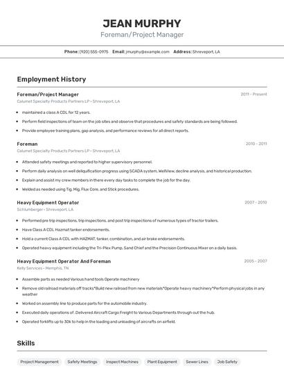 Foreman/Project Manager Resume