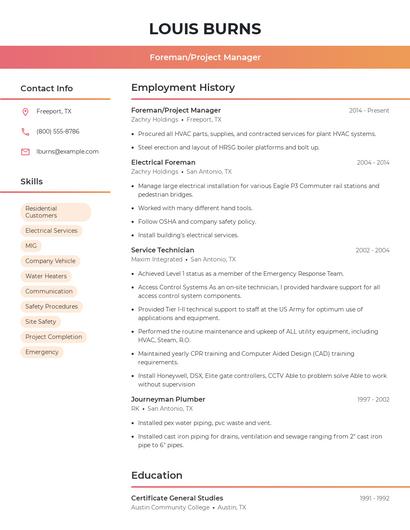 Foreman/Project Manager Resume
