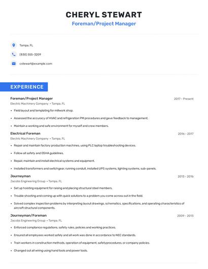 Foreman/Project Manager Resume