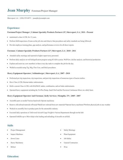 Foreman/Project Manager Resume