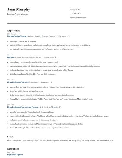 Foreman/Project Manager Resume