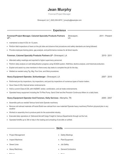 Foreman/Project Manager Resume