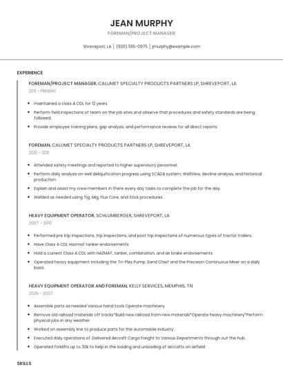 Foreman/Project Manager Resume