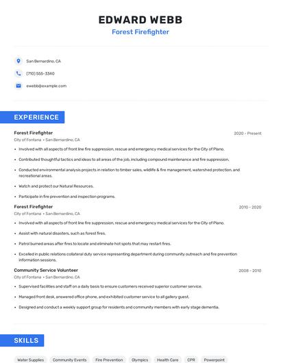 Forest Firefighter Resume