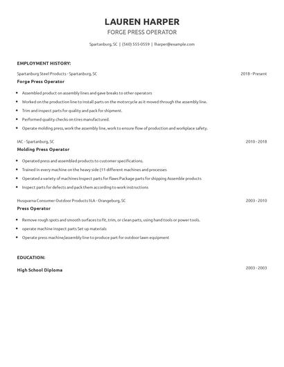 Forge Press Operator Resume