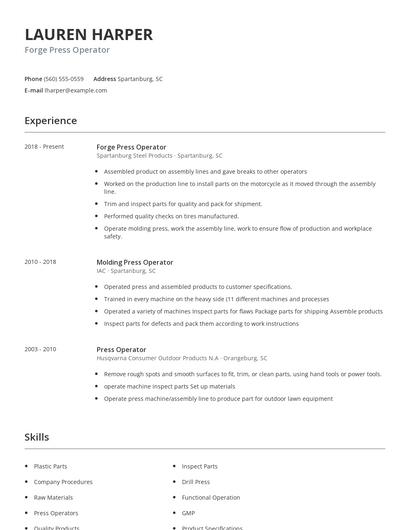 Forge Press Operator Resume