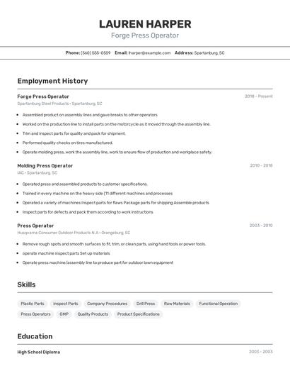 Forge Press Operator Resume