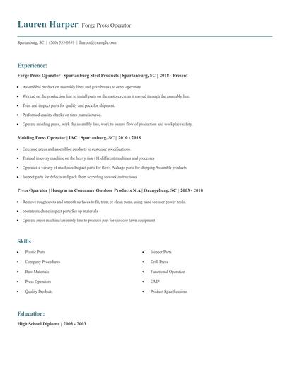 Forge Press Operator Resume
