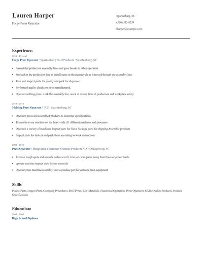 Forge Press Operator Resume