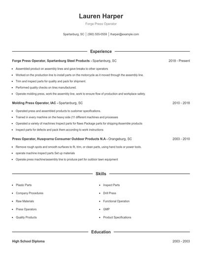 Forge Press Operator Resume