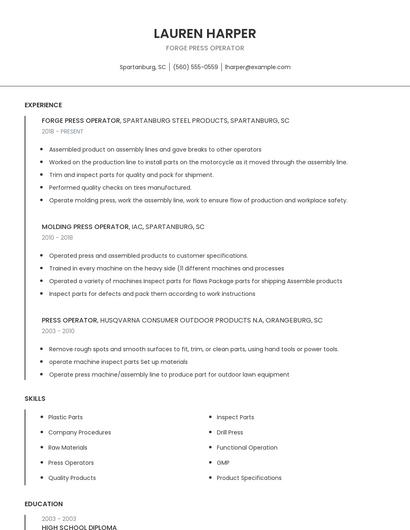 Forge Press Operator Resume