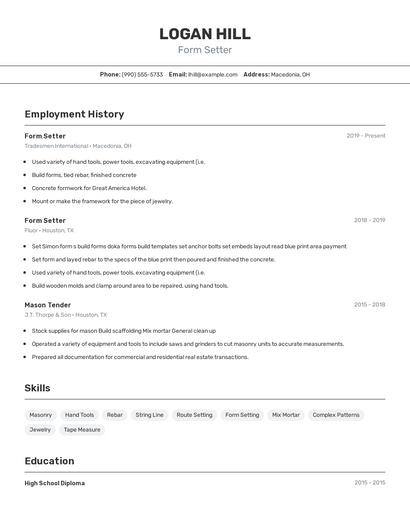 Form Setter Resume