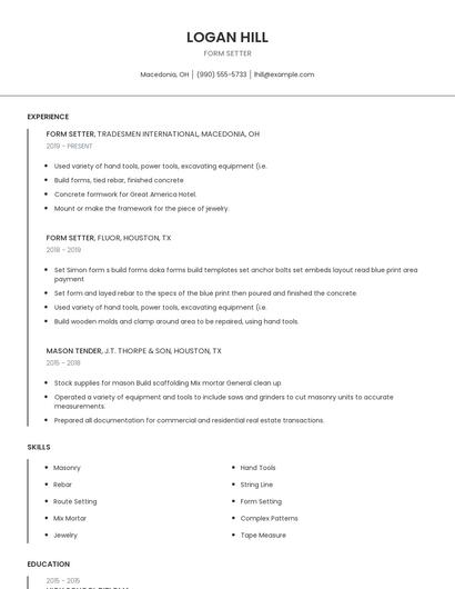 Form Setter Resume