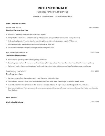 Forming Machine Operator Resume