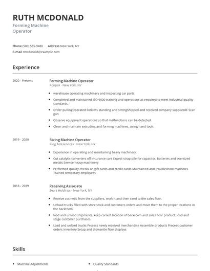 Forming Machine Operator Resume