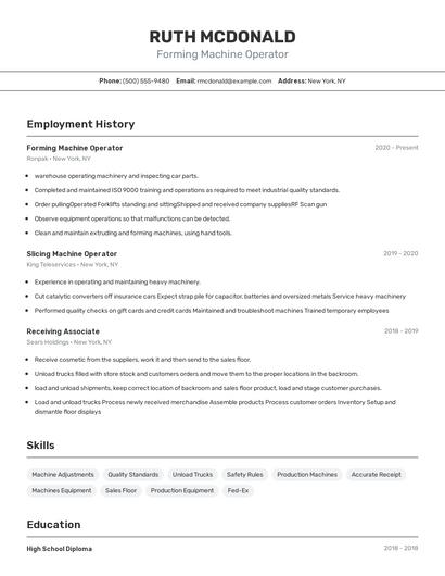 Forming Machine Operator Resume