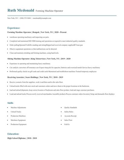 Forming Machine Operator Resume