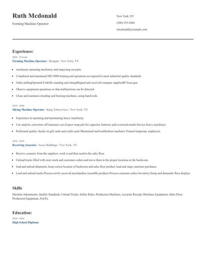 Forming Machine Operator Resume