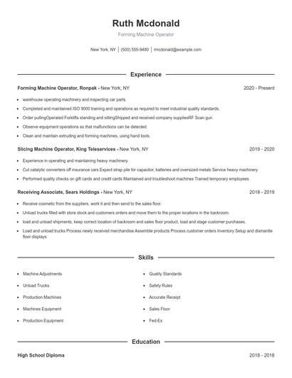 Forming Machine Operator Resume