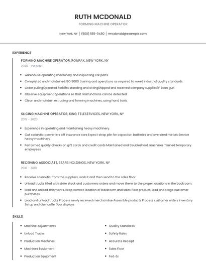 Forming Machine Operator Resume