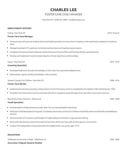 Foster Care Case Manager Resume