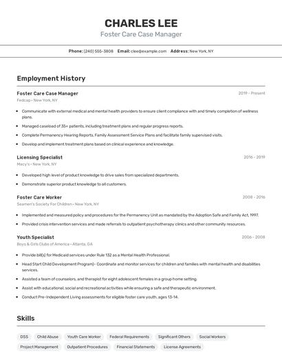 Foster Care Case Manager Resume