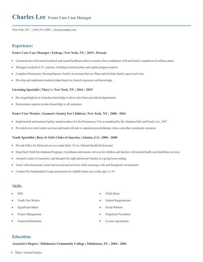 Foster Care Case Manager Resume