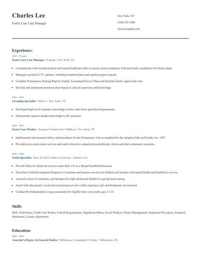 Foster Care Case Manager Resume