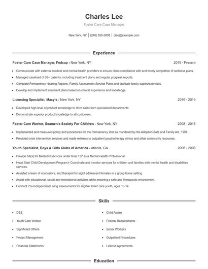 Foster Care Case Manager Resume