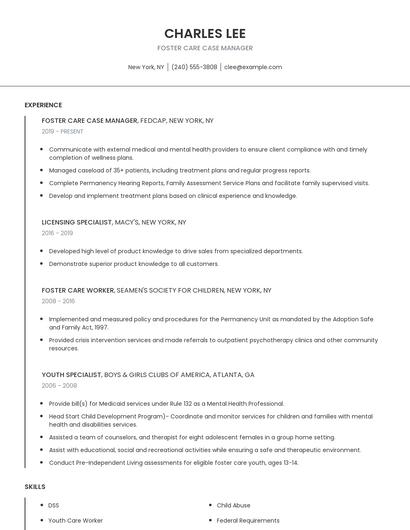 Foster Care Case Manager Resume