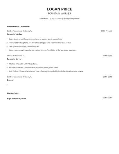 Fountain Worker Resume